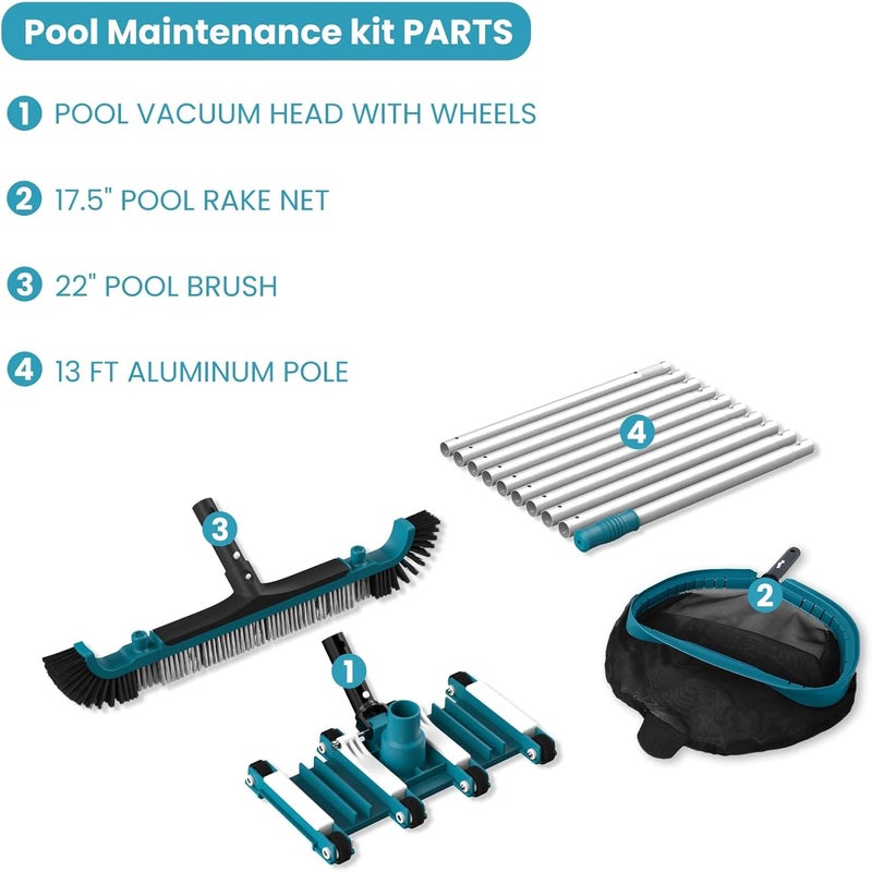 POOLWHALE Deluxe Swimming Pool Cleaning Kit Including Pool Net and Vacuum Head, Pool Brush with 13Ft Pole for Above Ground & Inground Swimming Pools - Image 2
